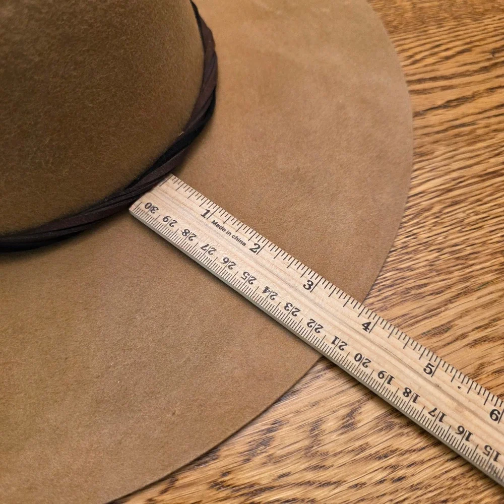 100% Wool Tan Wide Brim Floppy Hat Silver Butterfly Pin Braided Band Boho Whimsy